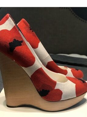 Yves Saint Laurent Red White and Black Floral Canvas Wedge Pumps